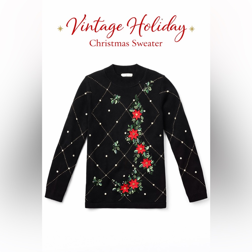Vintage B.D. Design Poinsettia Christmas Sweater Black Embroidered Size M